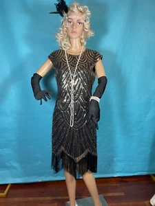 Disfraz Completo Aleta Cuentas Lentejuelas y Flecos Años 20 Gran Gatsby Talla M - Imagen 1 de 10