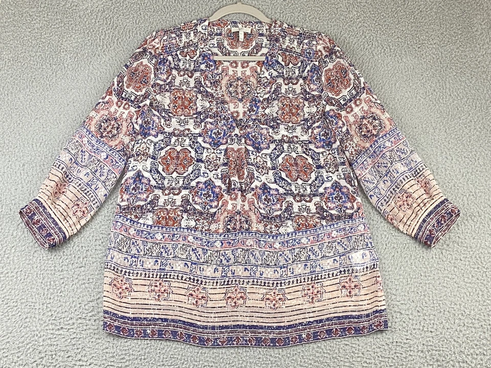 Joie 100% Silk Blouse Top Boho Double Print Pleated Blue Brick Extra Small XS EX - Image 1 of 4