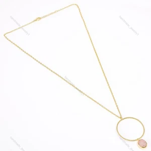 Rose Quartz Druzy Stone Yellow Gold Vermeil Bezel Chain Ethnic Necklace Jewelry - Picture 1 of 5