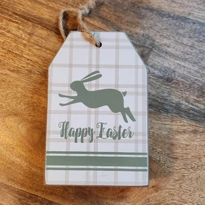 Happy Easter wooden block gift tag design green bunny decor shelf jute C3 - Picture 1 of 2
