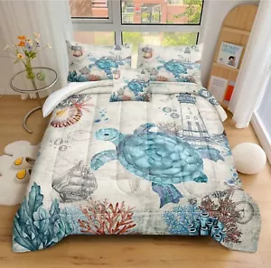 Sea Turtle Comforter Set Coastal Beach Comforter King Size Blue Sea Ocean The... - Picture 1 of 9