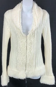 Vintage derek heart Sweater M Ivory Crochet Loop Fringe Cardigan coquette Y2K - Picture 1 of 5