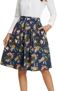 Women's A-line Printed Pleated Flared Midi Skirt with Pockets, Vintage Skirts - Picture 1 of 105