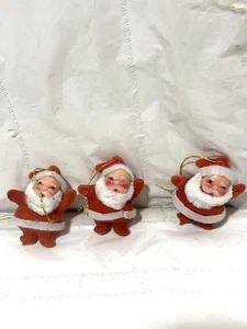 3 Vtg Flocked Mini Red Santa Claus Christmas Ornaments  2" White Chenille Beard - Picture 1 of 5