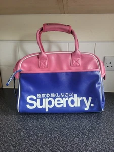 Rare Pink Blue Superdry Japan Faux Leather Holdall Gym Weekend Bag Ladies Unisex - Picture 1 of 19