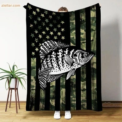 American Flag Fish Fleece Blanket, Camouflage Fishing Theme Cozy Throw - Image 1 of 4