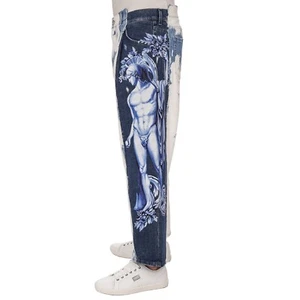 DOLCE & GABBANA Greek Painting Jeans Pants Loose Oversize Blue White 48 M 13641 - Picture 1 of 5