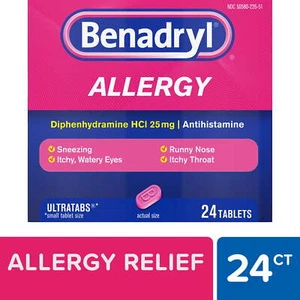 Benadryl Allergy Ultratabs Antihistamine Tablets, Diphenhydramine HCl, 24 Count - Picture 1 of 22