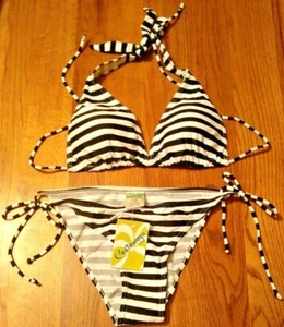 Castaways halter triangle bikini swimsuit black white stripe women's size small - Picture 1 of 4