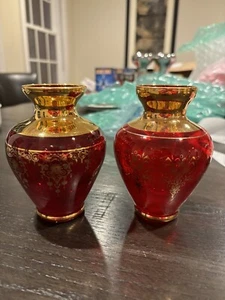 Pair Of Vecchia Romano Art Glass Ruby Red With Gilt Vases - Picture 1 of 7