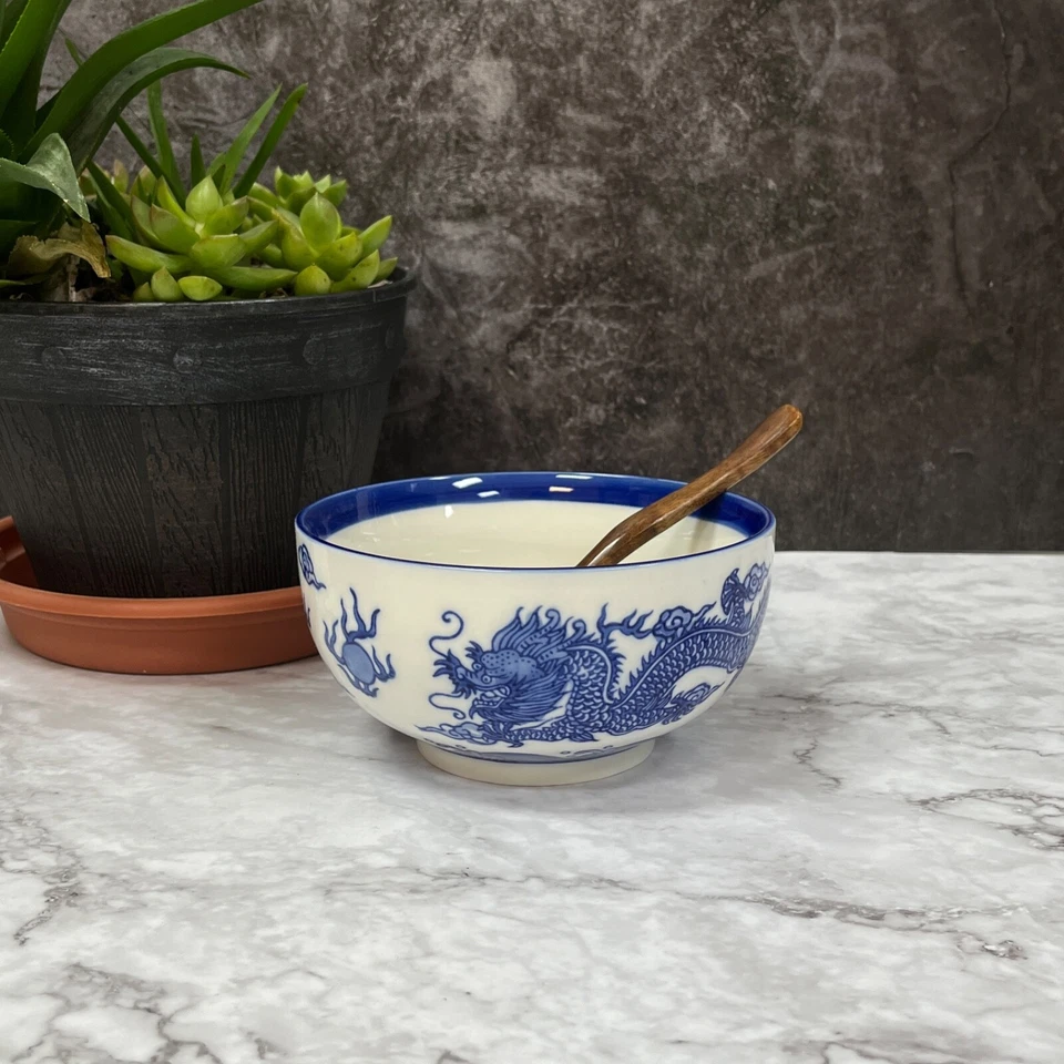 6 1/4" de ancho Blue Dragon Beige Ramen Fideos Sopa Tazón Set de regalo Tazón con cuchara Foto 1 de 4