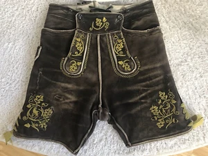 alte kurze handbestickte Lederhose Hirschlederhose gereinigt Größe L - Bild 1 von 23