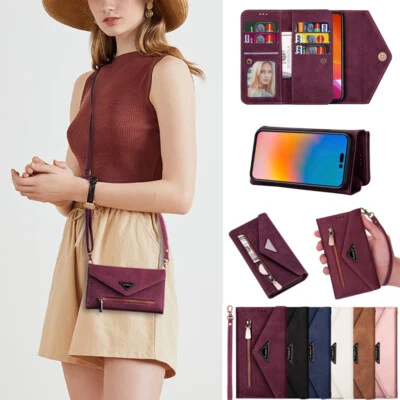 For iPhone 16 15 14 11 13 12 Pro Max XR 8 Plus Wallet Leather Case Cover w/Strap - Image 1 of 4