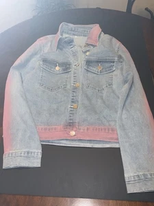 7ROO. womens denim jacket size 36 US 6 Blue With Pink Stripes Golden Bottoms Out - Picture 1 of 11