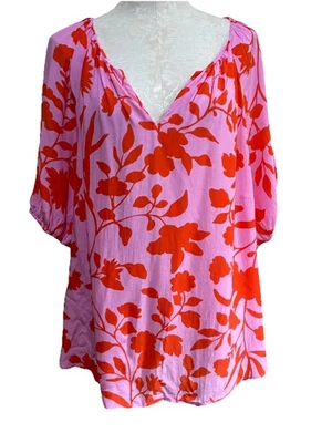 NUEVO CON ETIQUETAS Blusa Talbots Bonita Rosa Naranja Floral Estilo Campesino Manga Corta 2X Foto 1 de 4