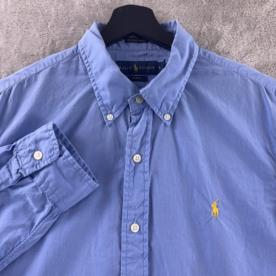 Camisa Ralph Lauren Abotonada Manga Larga Para Hombre Talla Grande Azul Calce Ajustado Popelina Foto 1 de 4