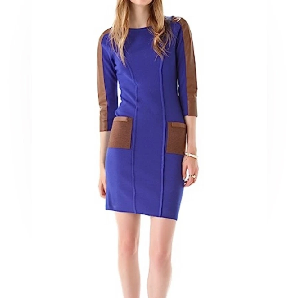 *NUEVO CON ETIQUETAS* Vestido Rachel Roy-Medino-Mezcla de Lana Azul y Cuero Camel-Grande Foto 1 de 4