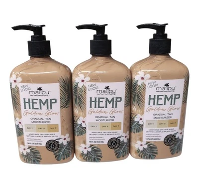 Pacote com 3 hidratantes graduais bronzeados brilho dourado cânhamo Malibu pele seca e bronzeamento 18 oz - Imagem 1 de 4