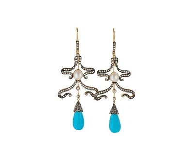 3.00ctw Rose Cut Diamond Pearl and Turquoise Chandelier Dangle Earrings in 18K - Image 1 of 3