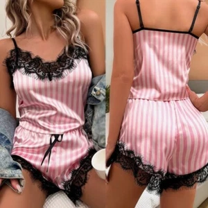 2pcs V Neck Womens Pajama Set Pink Striped Lace Sexy Lingerie Summer - Picture 1 of 9
