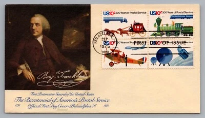 1975 FDC Ben Franklin 1st US Postmaster General Bicentennial 10C Scott#1572-1575 - Image 1 of 2