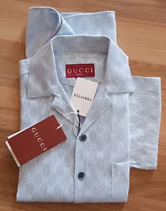 GUCCI *Blue Color Men's Cotton Short Sleeve Button Down Shirt Regular Sz: Medium - Picture 1 of 8