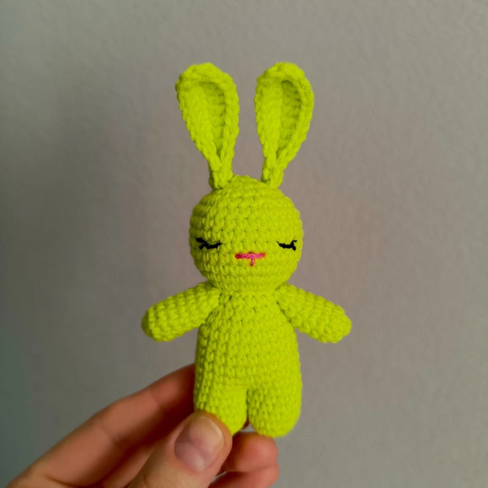 LITTLE LIGHT GREEN CROCHET  TOY AMIGURUMI ANIMAL BUNNY. HANDMADE SOFT TOY BUNNY. - Image 1 of 4