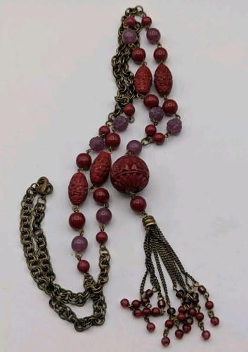 VETEMENTS Collana lunga boho rosso viola perline ottone nappa