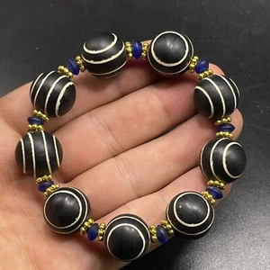 Unique Indo Tibetan 9 Ancient Ghost Eye Motif Dzi Beads Bracelet - Picture 1 of 11