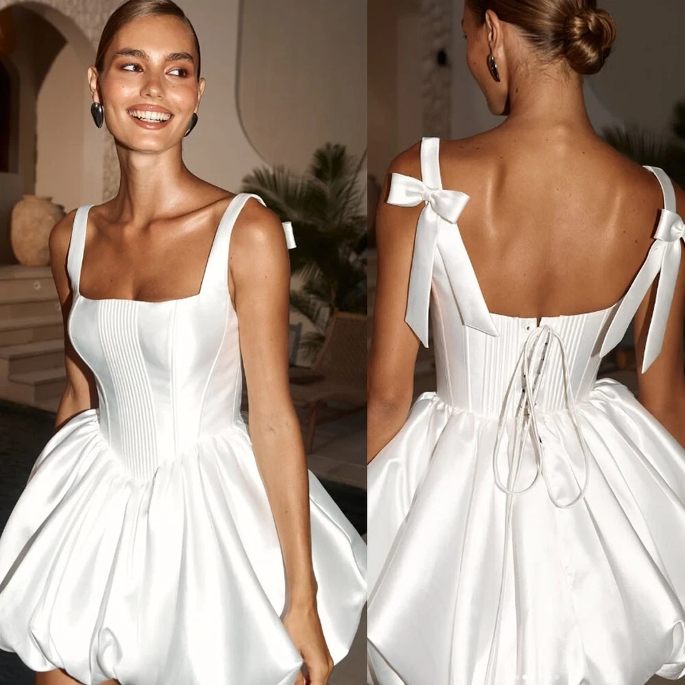 Vestidos de novia cortos de satén con lazos de cuello cuadrado línea A vestidos de novia Foto 1 de 4