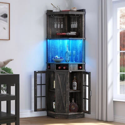 Corner Bar Cabinet with LED Lights & Glass Door Wine Liquor Storage Display Rack - Image 1 of 4