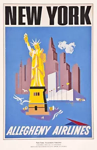 9X14 POSTER ART NEW YORK ALLEGHENY AIRLINES 1955 STATUE OF LIBERTY MANHATTAN - Picture 1 of 1