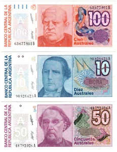 Argentina 10/50/100 Australes P#325b 326b & 327b (1985-91) 3 Banknote Set UNC - Picture 1 of 2