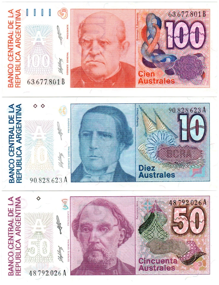 Argentina 10/50/100 Australes P#325b 326b & 327b (1985-91) 3 Banknote Set UNC - Image 1 of 2