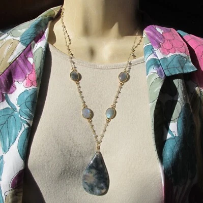 Moos Achat Labradorit Anhänger-Kette 750 18K Gold 925 Silber vergoldet 60cm lang - Bild 1 von 4