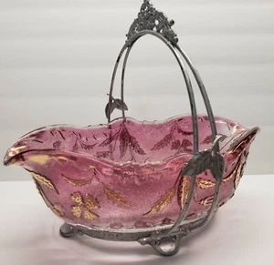 Antique Delaware Glass Pink And Gold Bridal Basket - Picture 1 of 6