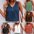 Women V Neck Tank Tops Button Loose Casual Solid Sleeveless Vest T-Shirt Blouse