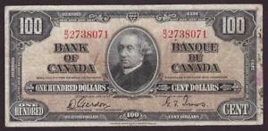 1937 Canada $100 banknote Gordon Towers B/J2738071 F margin stains