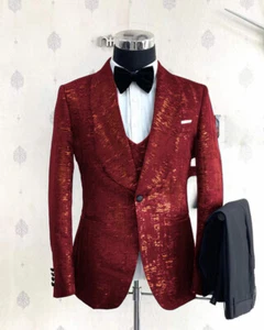 Weaving Gold Jacquard Suits for Men Slim Fit 3 Piece Wedding Groom Business Wear - Picture 1 of 19