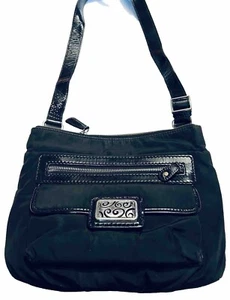 BRIGHTON CROSSBODY SHOULDER HOBO SATCHEL BAG BLACK NYLON PATENT LEATHER TRIM - Picture 1 of 9