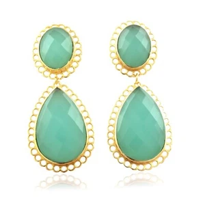 Checker Cut Earring, Aqua Chalcedony Gold Plated Stud Dangle Earring - Picture 1 of 4