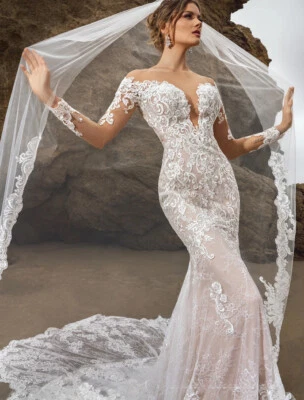 Bridal Gowns Sexy Mermaid Wedding Dresses Lace Deep V-Neck Long Sleeve Appliques - Image 1 of 4