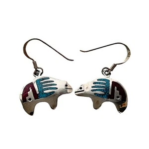 Sterling Earrings  USA Turquoise Coral Mosaic Inlay Bear Vtg Dangle 925 - Bild 1 von 7