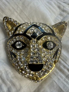 Vintage Cheetha Leopard 3d Face Rhinestone Brooch Black Enamel 2 3/4” x 2 3/8” - Picture 1 of 10