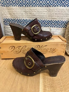 COACH ILEEN Heel Clogs Studded Leather Brass Buckle Wooden Mules Brown Size 8.5 - Picture 1 of 11