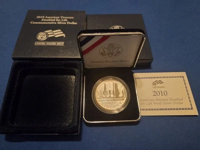 2010 American Veterans Disabled For Life SILVER PROOF Dollar Box & COA**AM6299 - Image 1 of 4