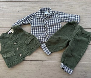 Vintage Y2K Okie Dokie 3-teiliges Set grün kariert Cord 9 - 12 Monate Weste Kragen - Bild 1 von 6