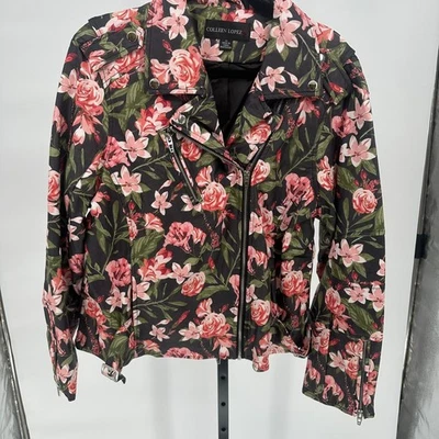 Colleen Lopez Floral Faux Leather Moto Jacket 1X Plus Size Pink Green Rose - Image 1 of 4