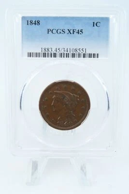 1848-P PCGS XF45BN Braided Hair Cent Business Strike 1C - Image 1 of 2