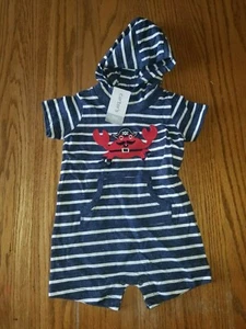 New Carter's 1 Piece Baby Boys Romper Blue White Striped Hooded Crab All Sizes - Picture 1 of 2